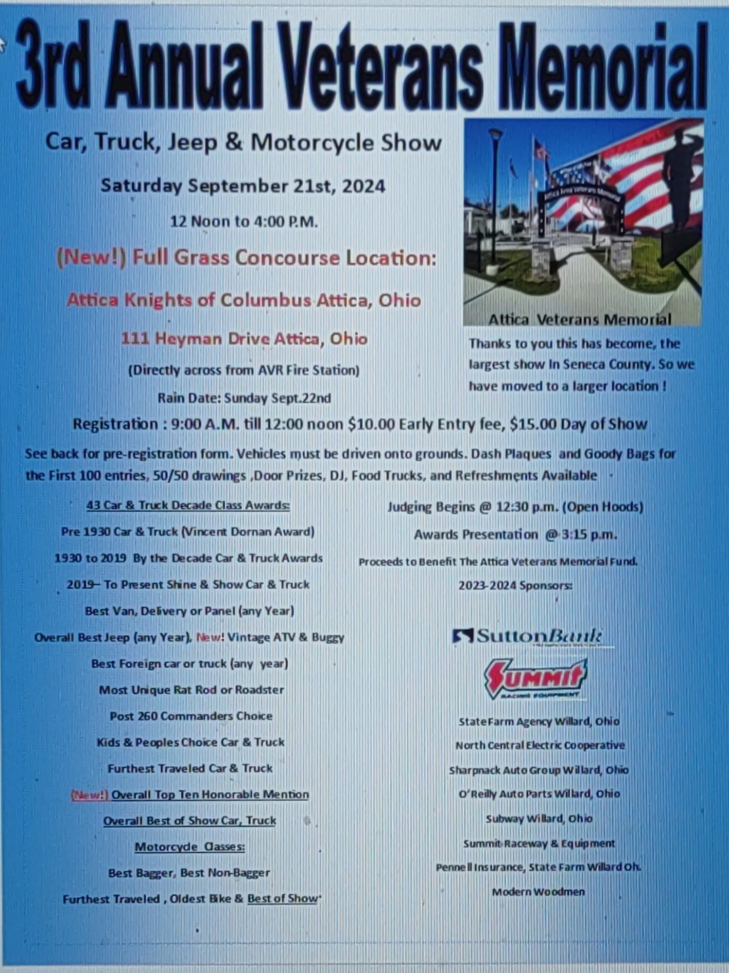 3rd Annual Veterans Memorial Car, Truck, Jeep & Motorcycle Show